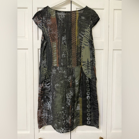 100% Linen TG.U Midi Dress Made in Italy Cap Sleeves Animal Print Small Safari - Picture 6 of 8